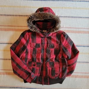 Juniors Roxy Buffalo Check Hooded Fall Bomber Jacket Black/Red, SZ L